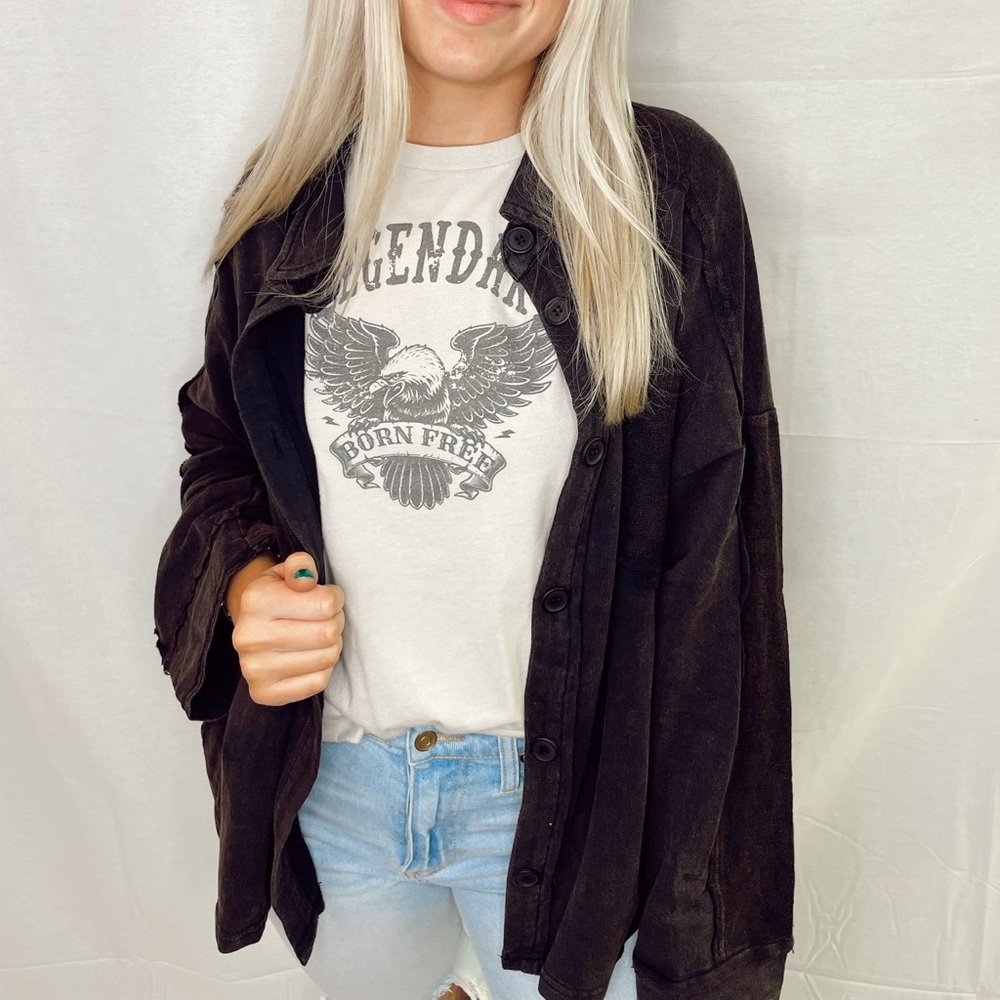 Black oversized button up shirt.